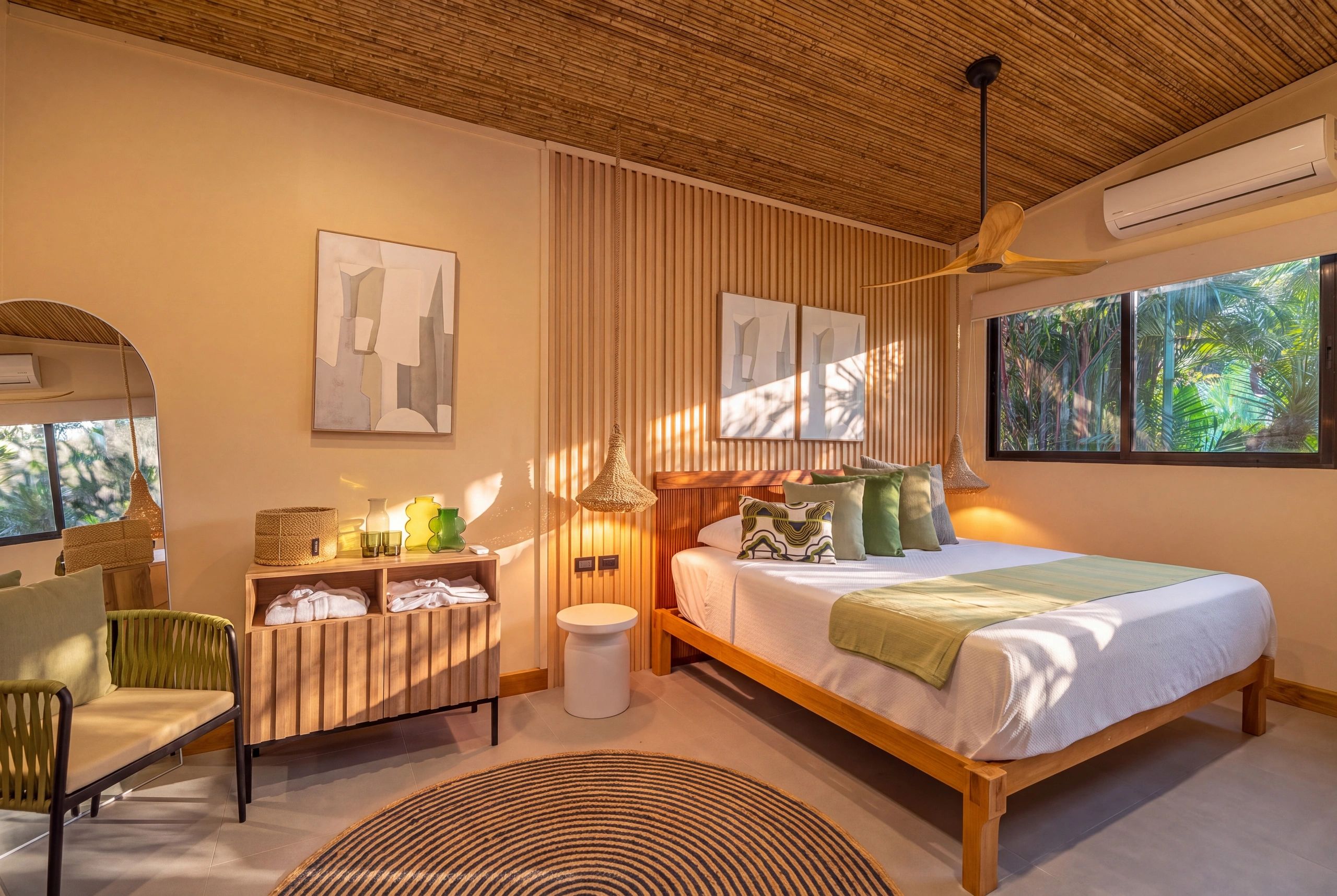 Warm and cozy modern bedroom with wooden accents.