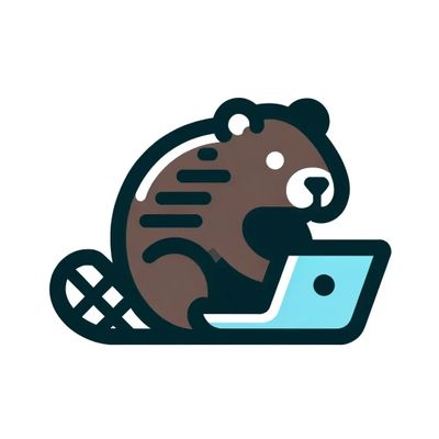 Cartoon beaver using a laptop, symbolizing tech-savvy nature