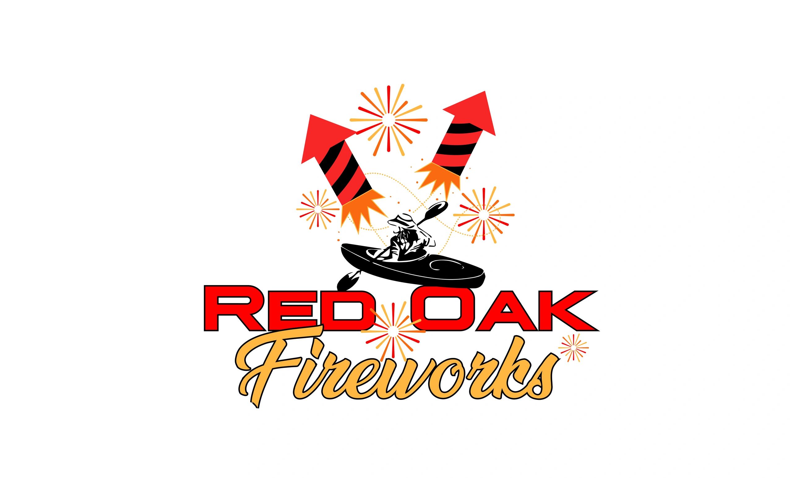 Logo of Red Oak Fireworks featuring a kayaker and fireworks.
