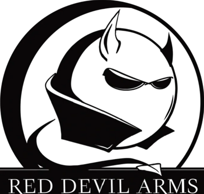 Black silhouette logo of an angry devil holding crossed rifles.