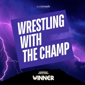 "wrestling with the champ" next to a mountain and purple lightning