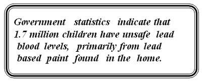 Sign stating 1.7 million children have unsafe lead blood levels from lead-based paint.
