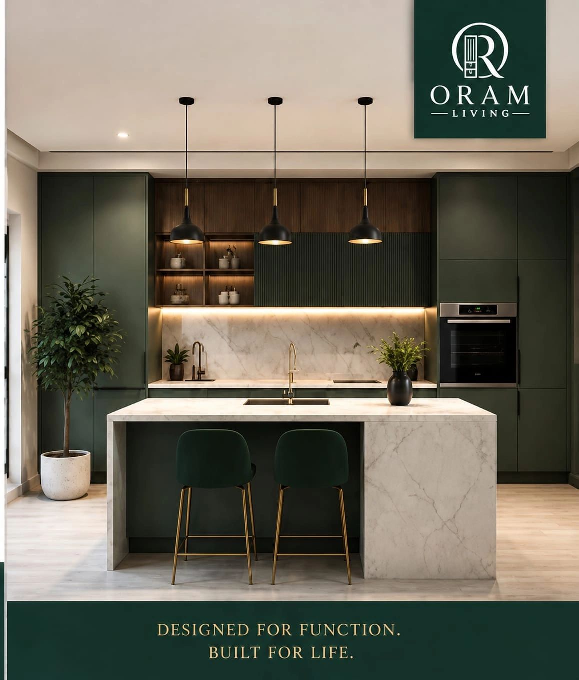 Modern green and marble kitchen with pendant lights and island seating.