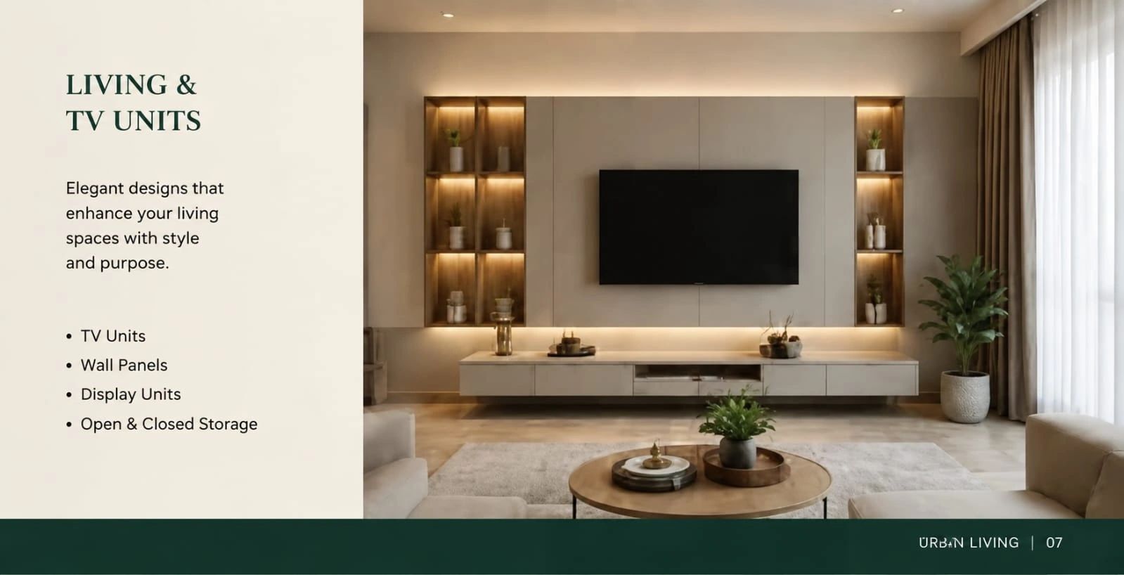 Modern living room with minimalist TV unit and soft lighting.
