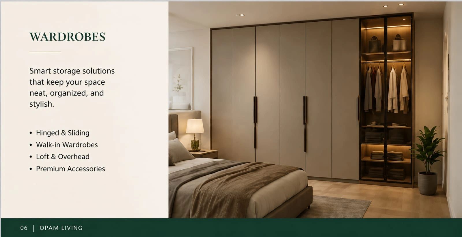 Modern bedroom with sleek wardrobes and organized storage.