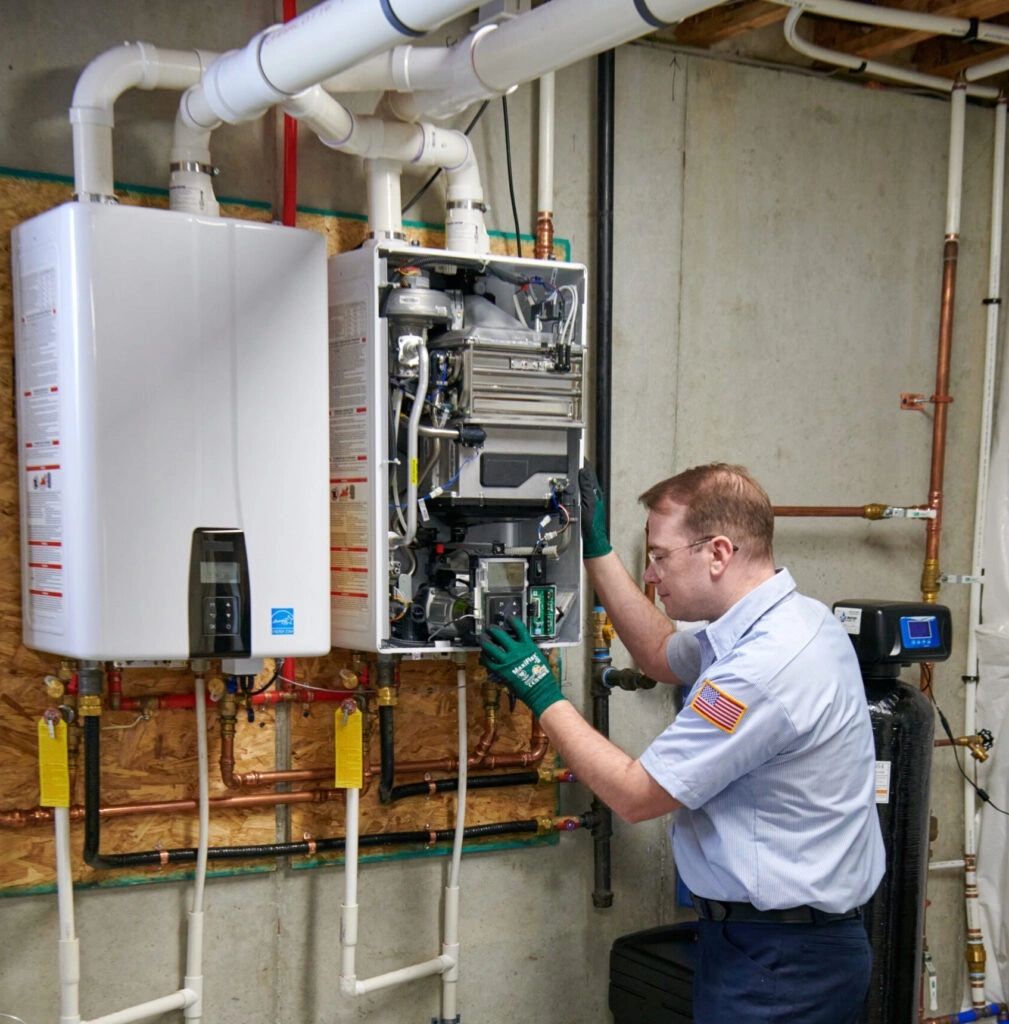 Technician repairing a boiler system in a basement.