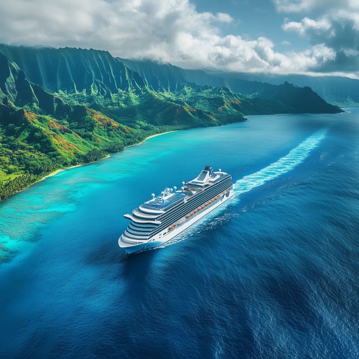 Cruise ship sailing near lush green mountains and turquoise water.