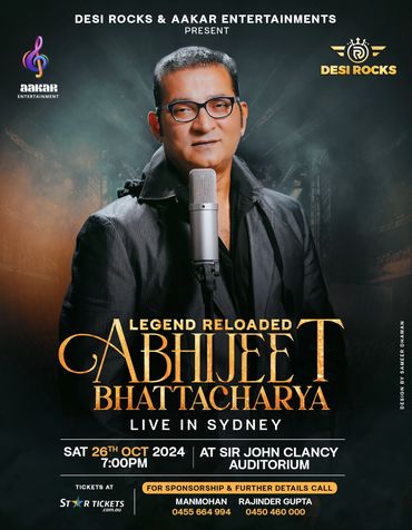 Abhijeet Bhattacharya Live in Sydney 26 October 2024 at Sir Johns Clancy Auditorium 