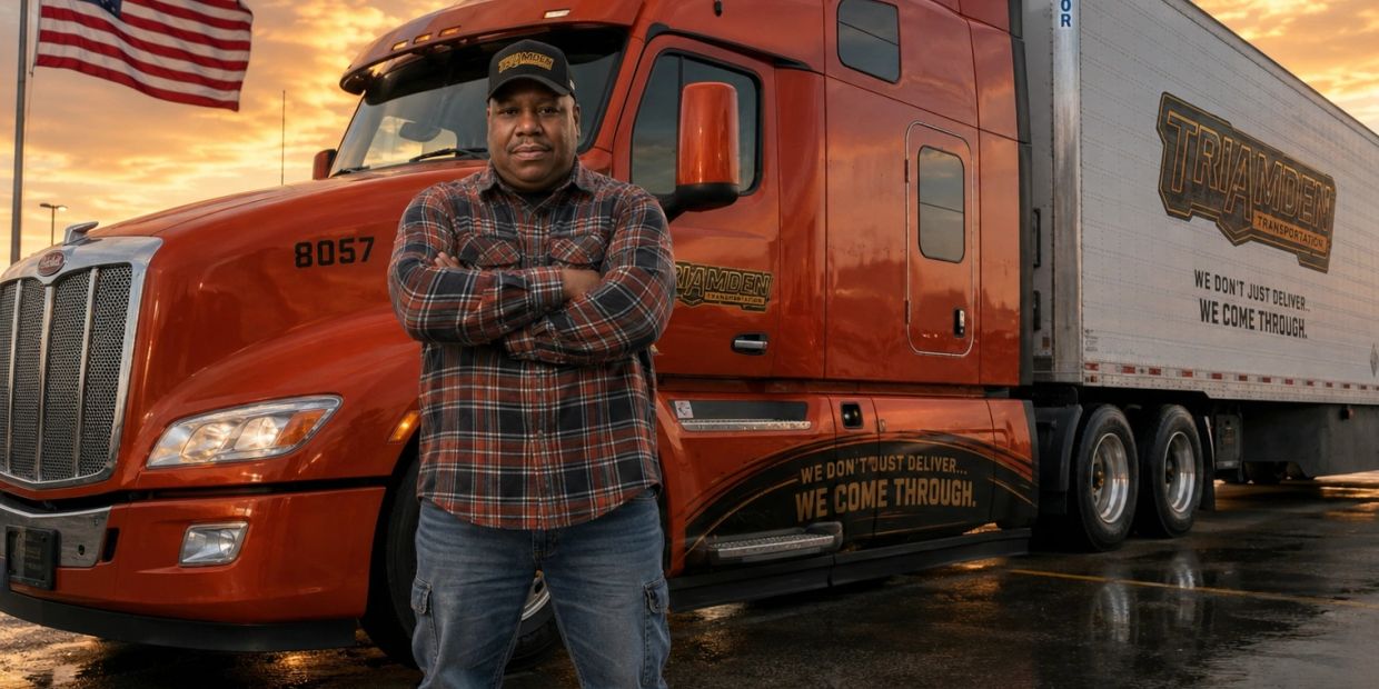 Confident truck driver stands in front of an orange Triamden Transportation truck at sunset.