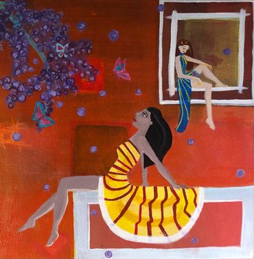 For the Birds- Acrylic painting on refinished canvas.