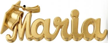 Golden name tag with the name Maria and a graduation cap.