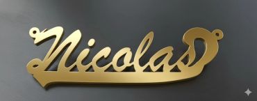 Gold-colored nameplate reading 'Nicolas'.