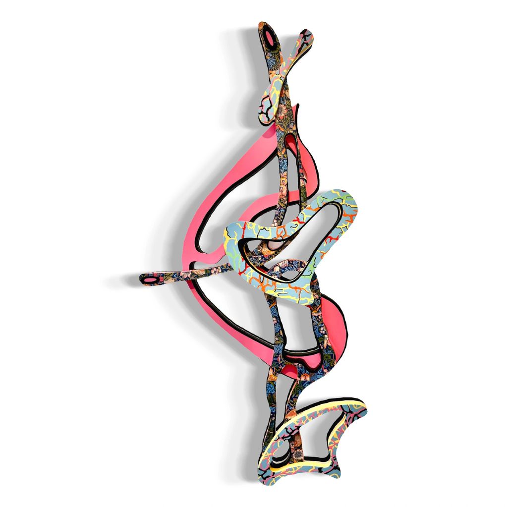 Abstract colorful sculpture with a flowing, curvy design and pink accents.