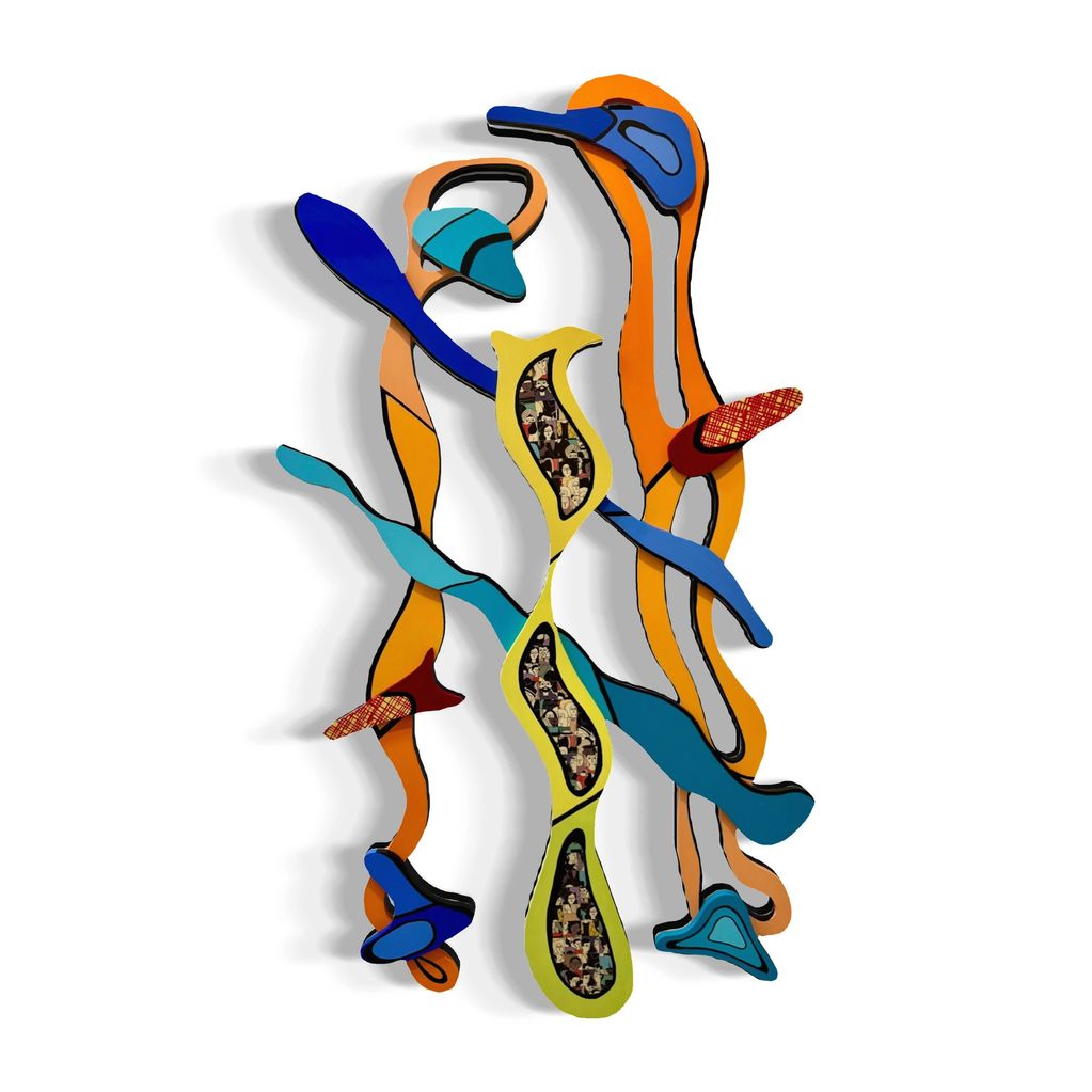Abstract colorful wall sculpture with organic shapes and flowing lines.