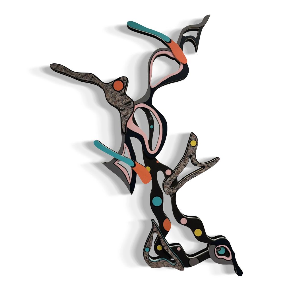 Abstract wall sculpture with colorful shapes and organic forms.