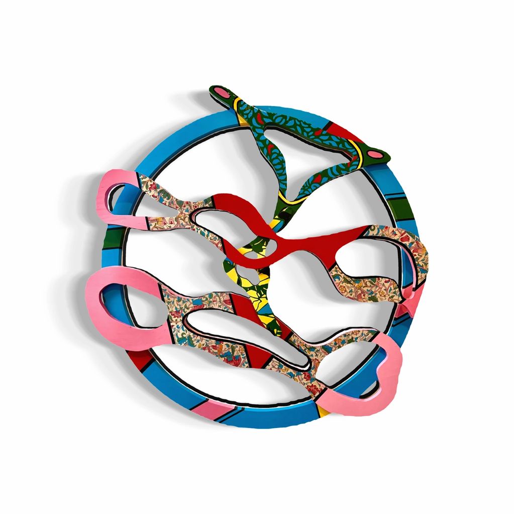 Colorful, abstract interwoven shapes forming a circular pattern on white.