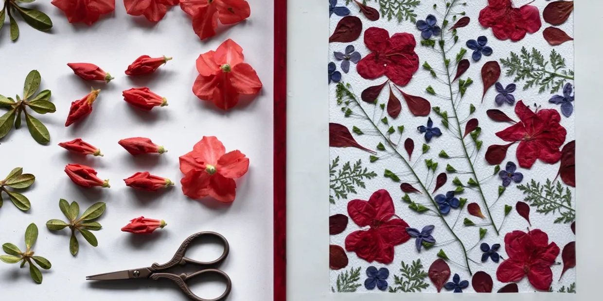 Left is red flowers, petals, & leaves with scissors. Right is a red frame with pressed flower art. 