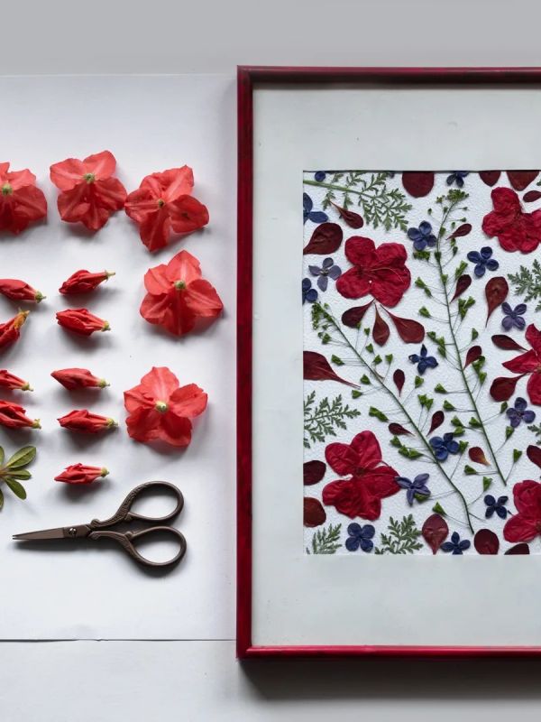 Custom Red frame will red and blue pressed flowers and greenery on a white table top.