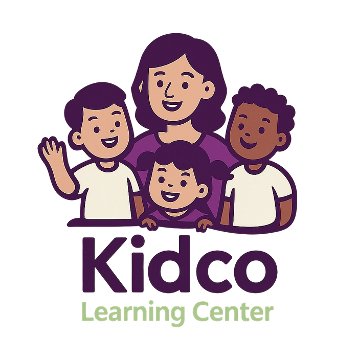 Logo of Kidco Learning Center with happy children and a caregiver.