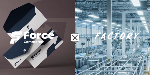 Packaging boxes with Force Commerce logo beside a modern factory interior.