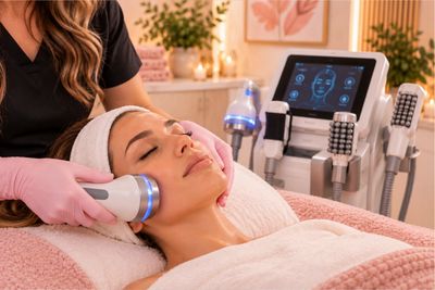 Woman receiving facial treatment with skincare device.