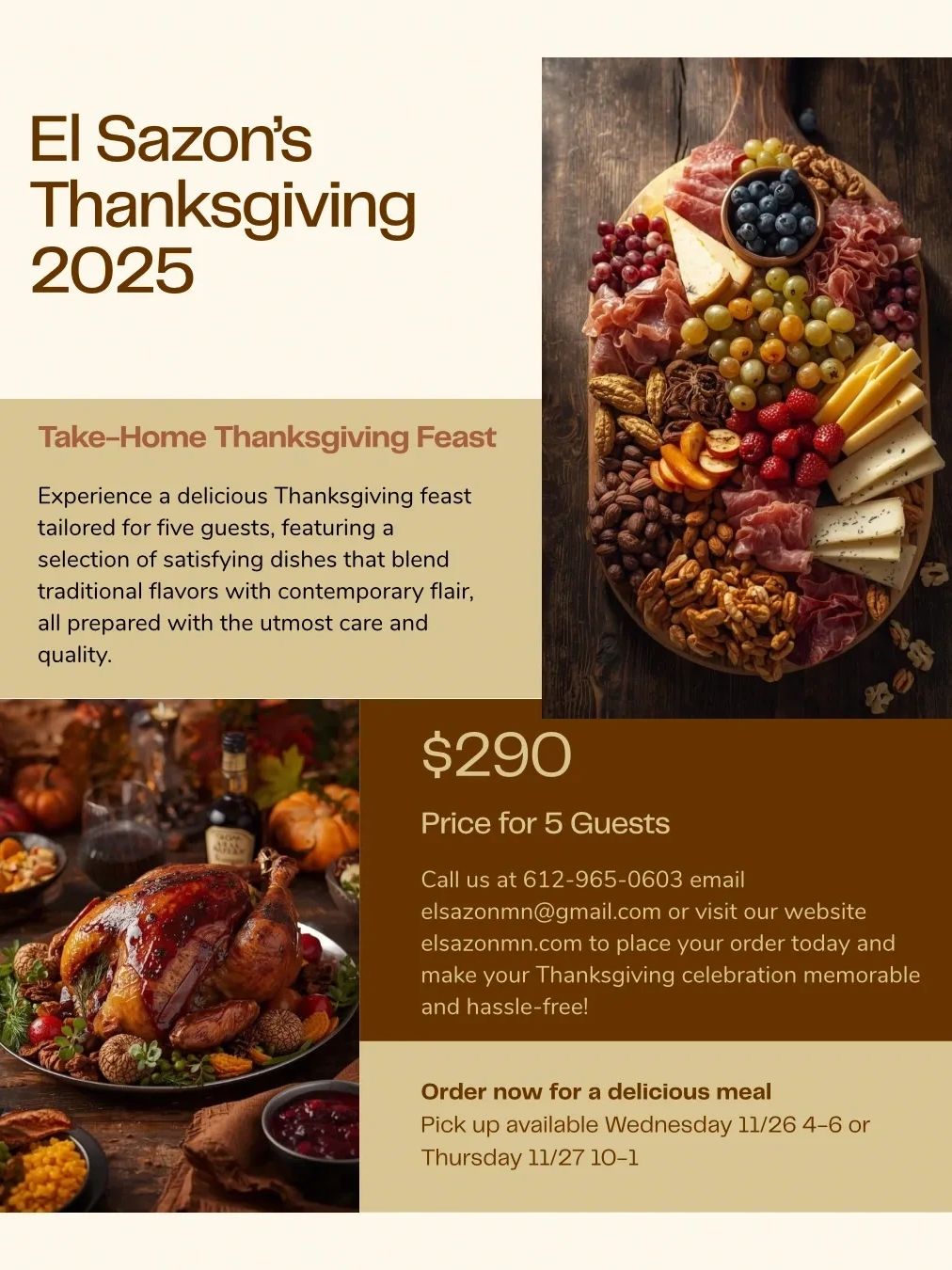 Thanksgiving take-home dinner, holiday feast, Stillwater/Minneapolis, charcuterie, roasted turkey.