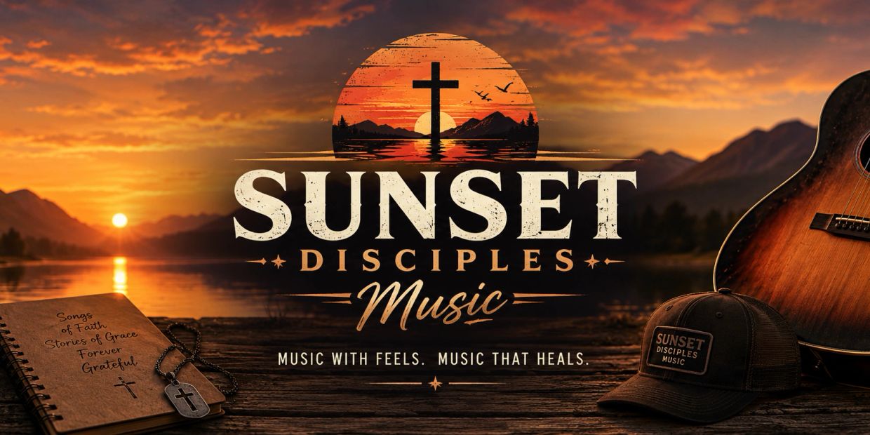 Sunset Disciples Music logo with a sunset, cross, guitar, and faith-themed items.