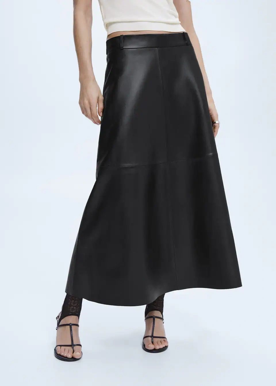 Mango: 100% Leather Midi Skirt in Black