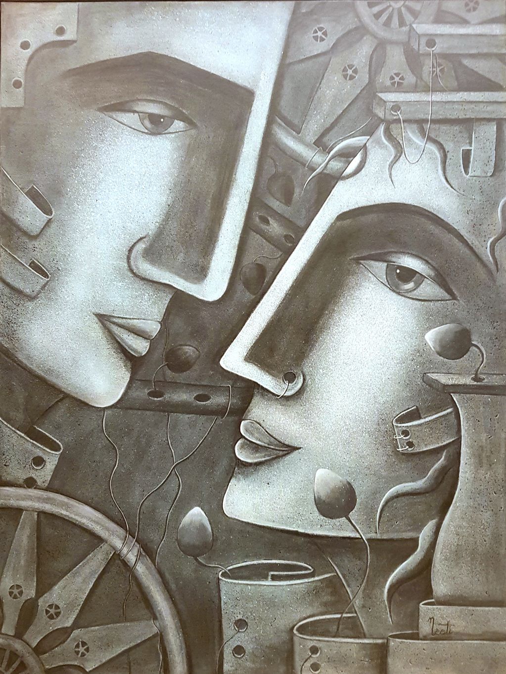 Monochromatic abstract painting of two faces with mechanical and floral elements.