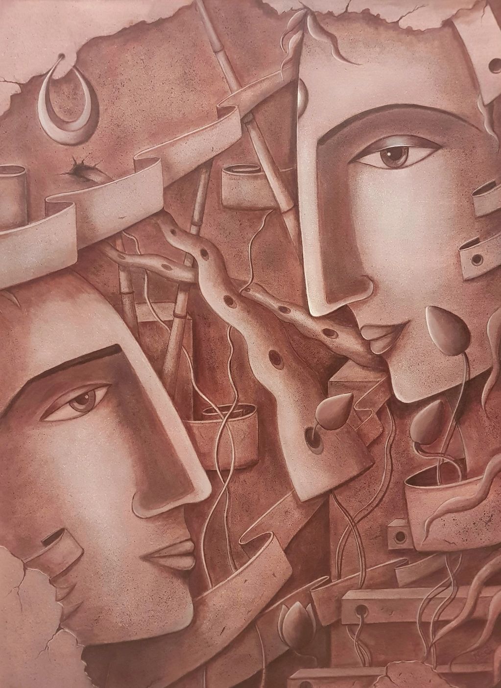 Abstract artwork featuring two faces intertwined with plant-like forms and geometric elements.