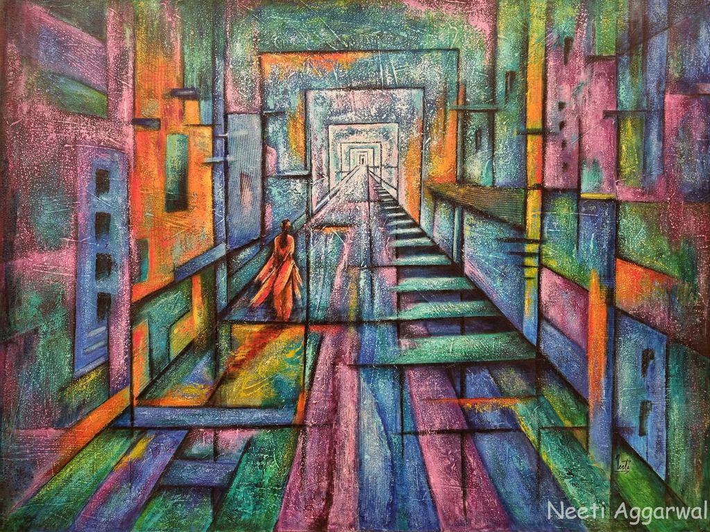 Colorful abstract painting of a figure walking through a geometric tunnel.