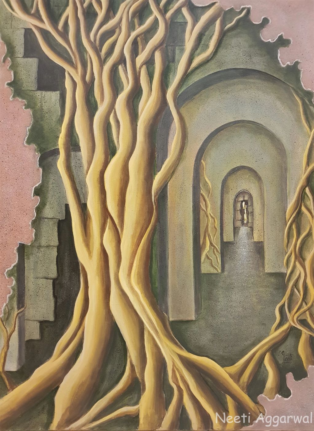 Surreal painting of intertwined tree trunks merging with ancient stone arches.