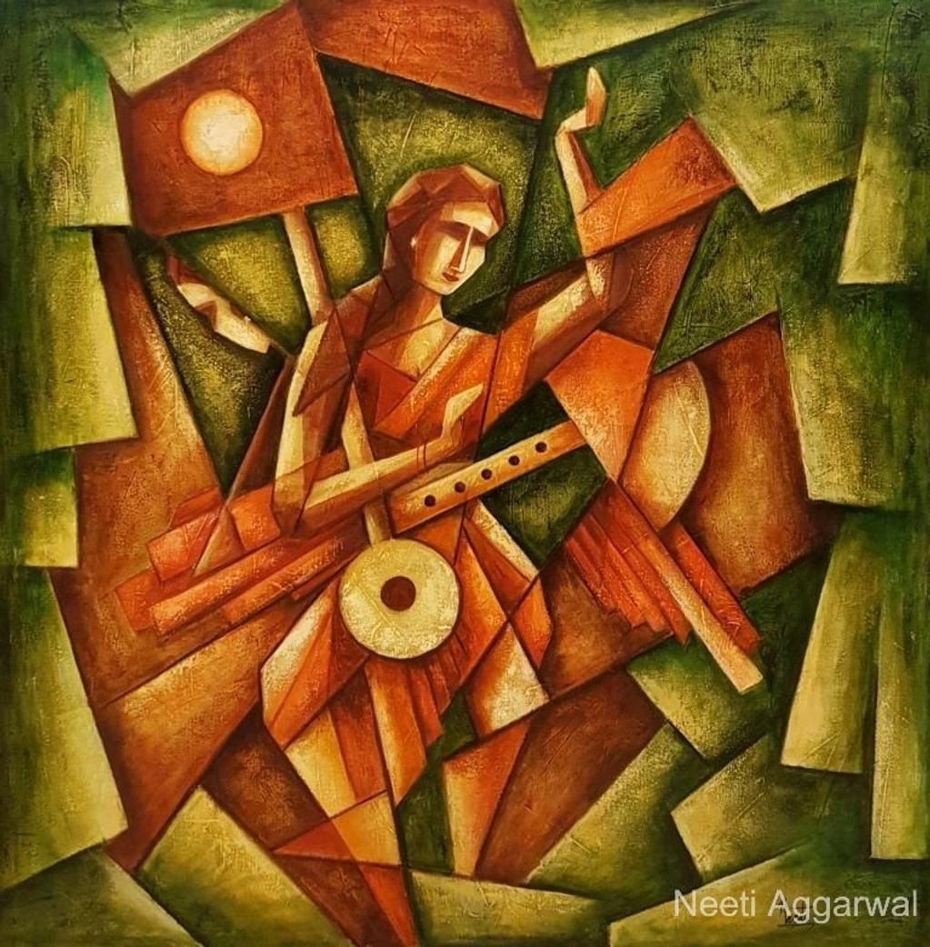Cubist painting of a musician playing a string instrument with abstract shapes.