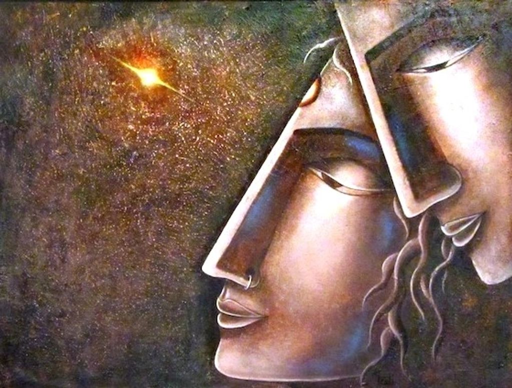 Artistic painting of two serene faces in profile with a glowing star on textured background.