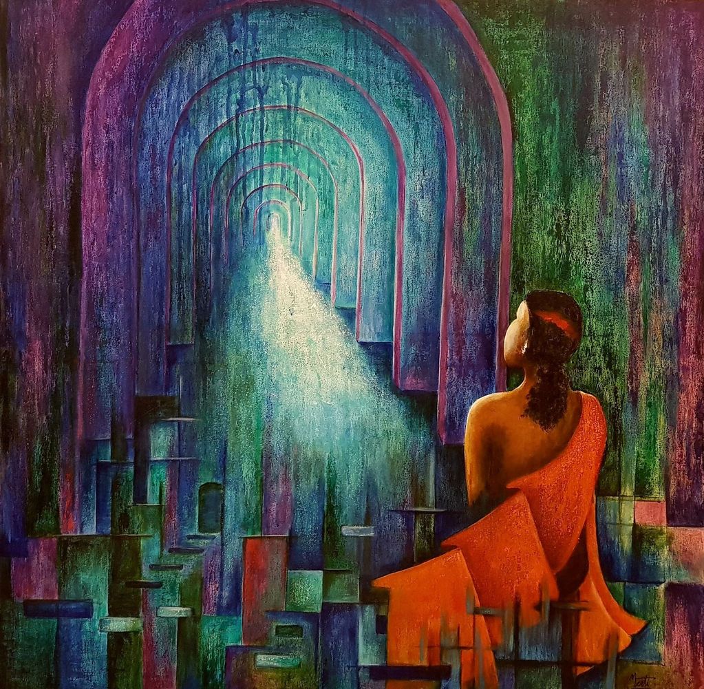 A figure in orange gazes at illuminated arches in a surreal, colorful space.