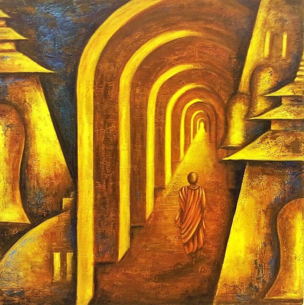A solitary monk walks through golden temple arches in a serene, spiritual painting.
