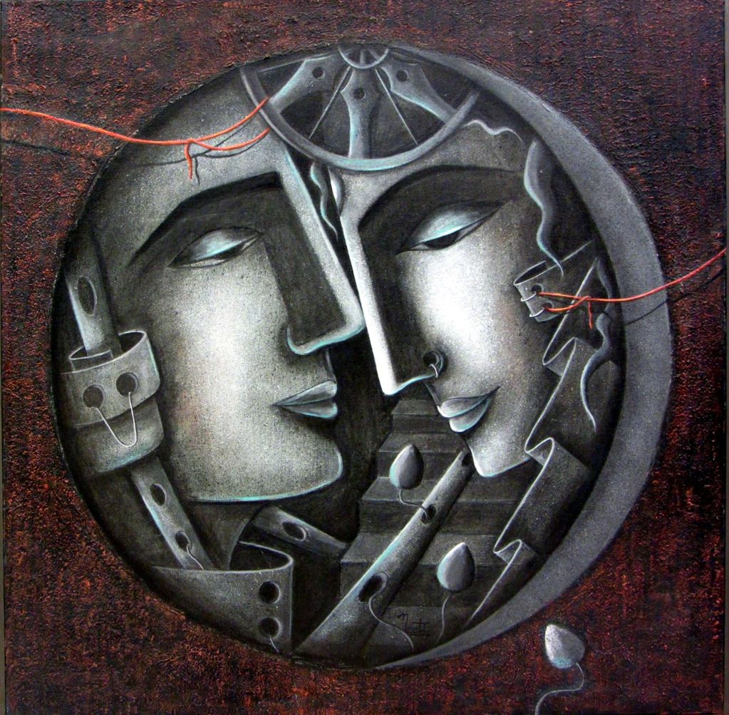 Abstract artwork of two faces closely intertwined within a circular frame.