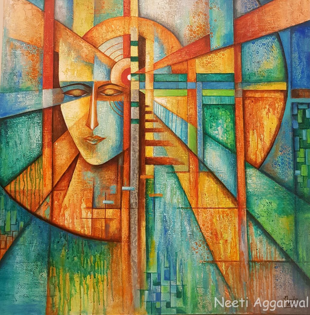 Abstract painting of a face with geometric shapes and vibrant colors.