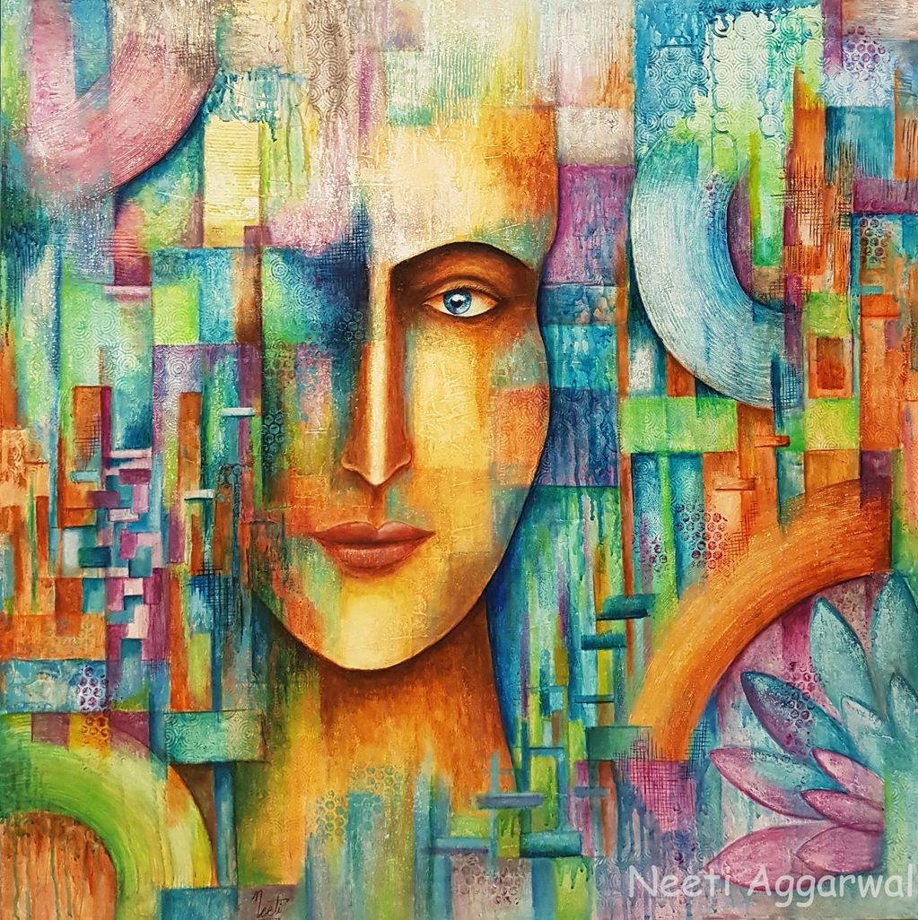 Abstract painting of a face with vibrant geometric patterns and colors.