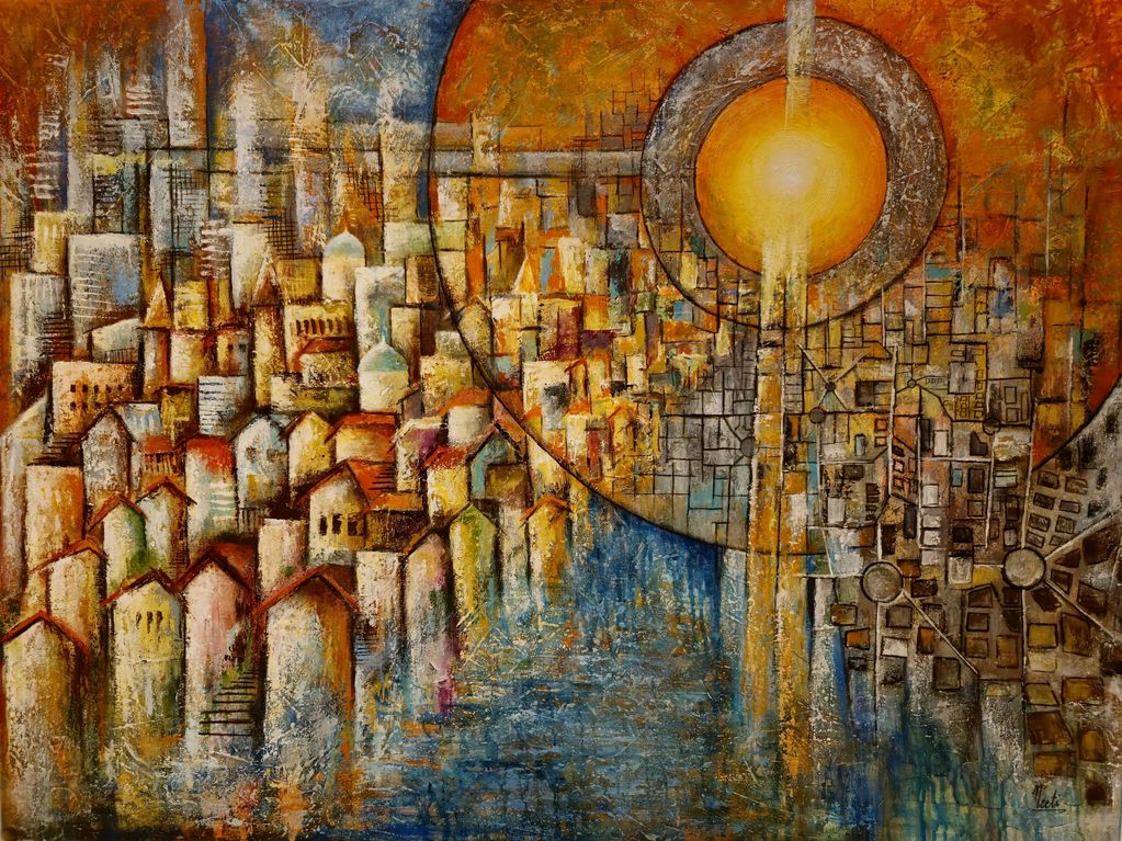 Abstract cityscape with a large glowing sun and warm colors.