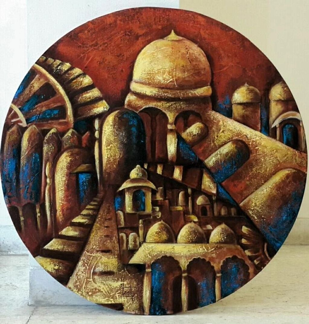 Abstract circular painting of ancient architectural structures in warm tones.