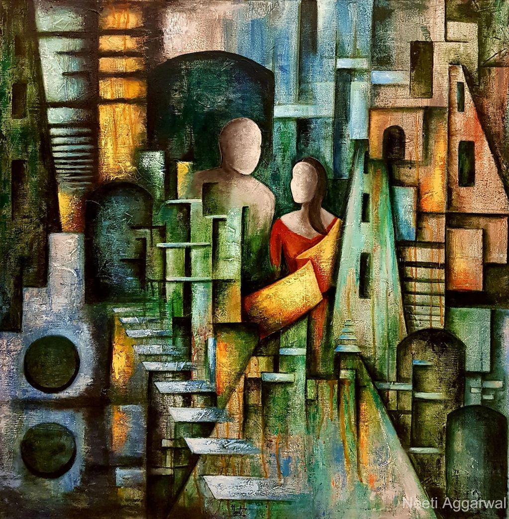 Abstract painting of two faceless figures in a geometric cityscape.