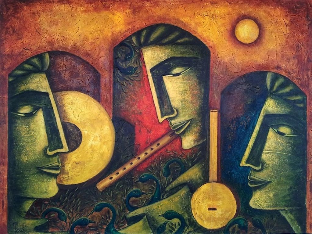 Abstract painting of three faces with musical instruments against a textured background.
