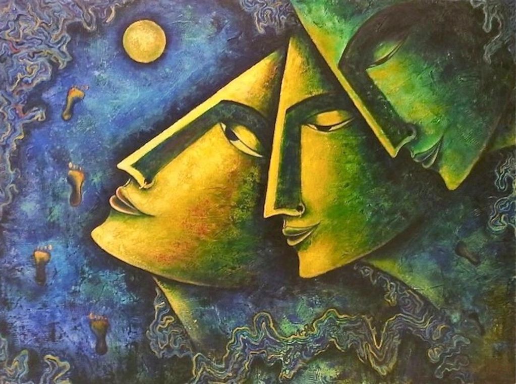 Abstract painting of three faces in yellow and green with a blue background and footprints.