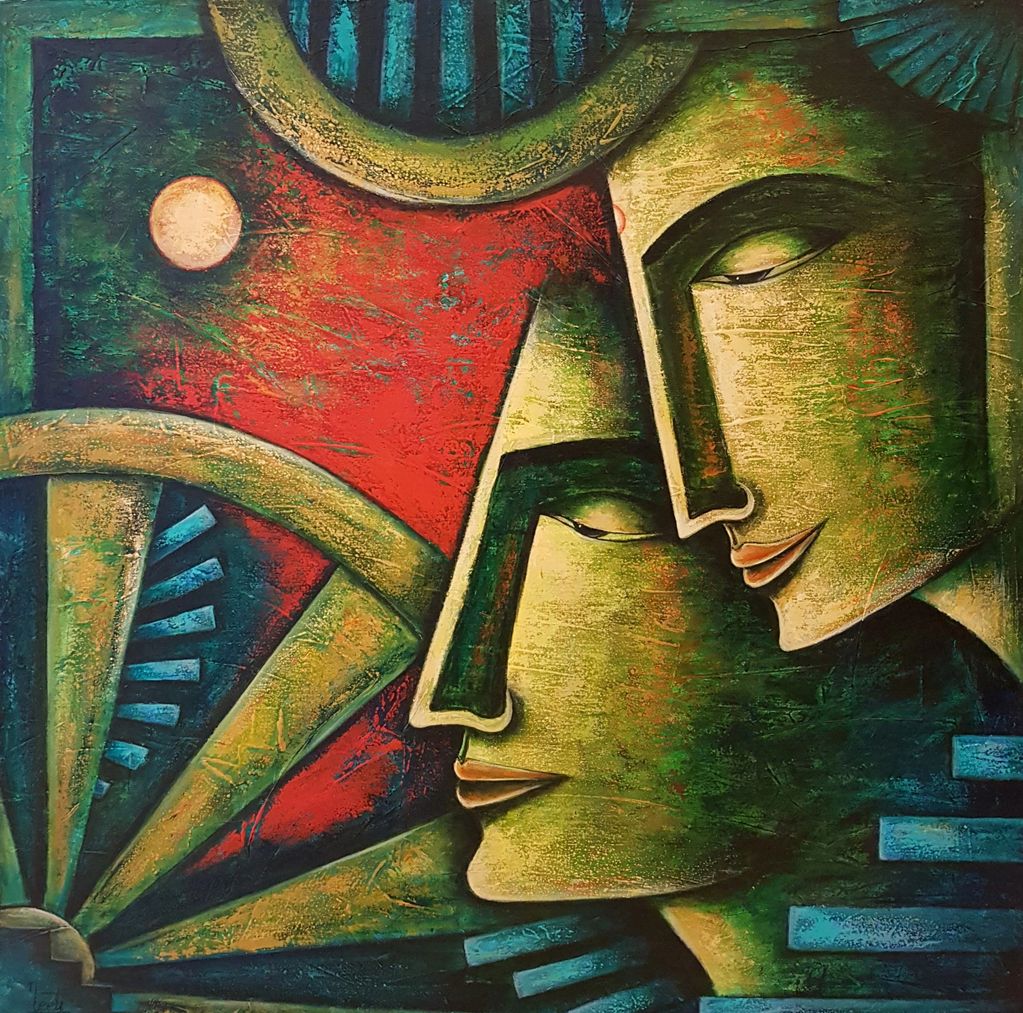 Abstract painting of two faces in close proximity with vibrant colors.
