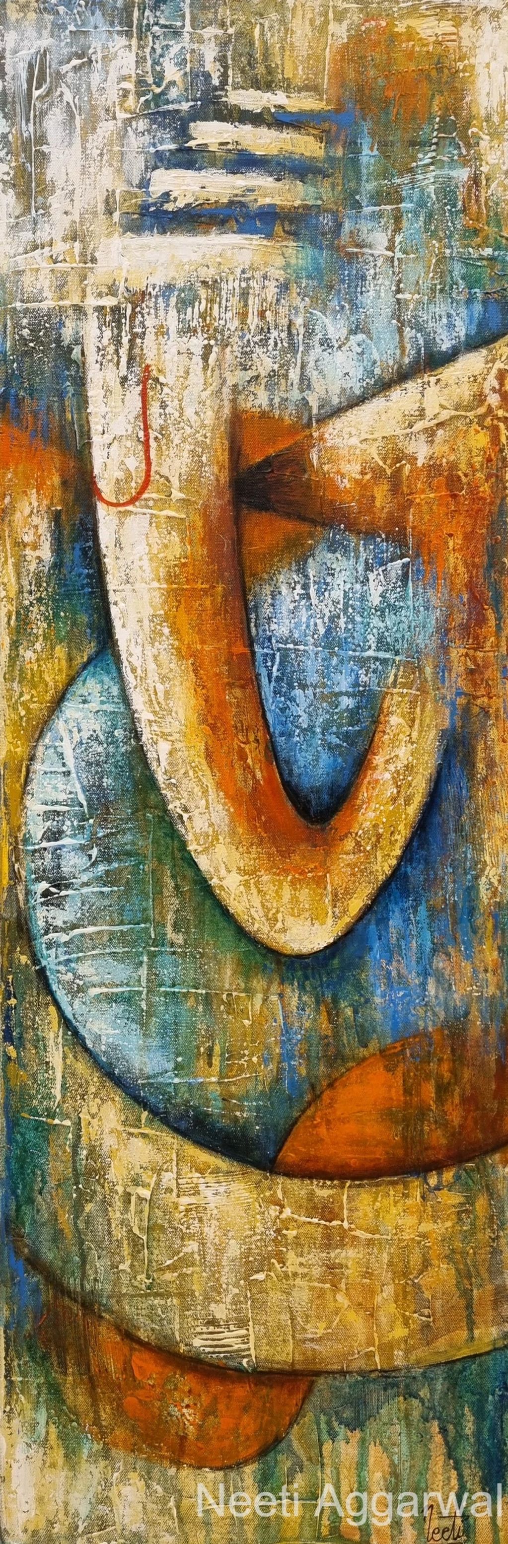 Abstract painting with textured blue, orange, and beige shapes.