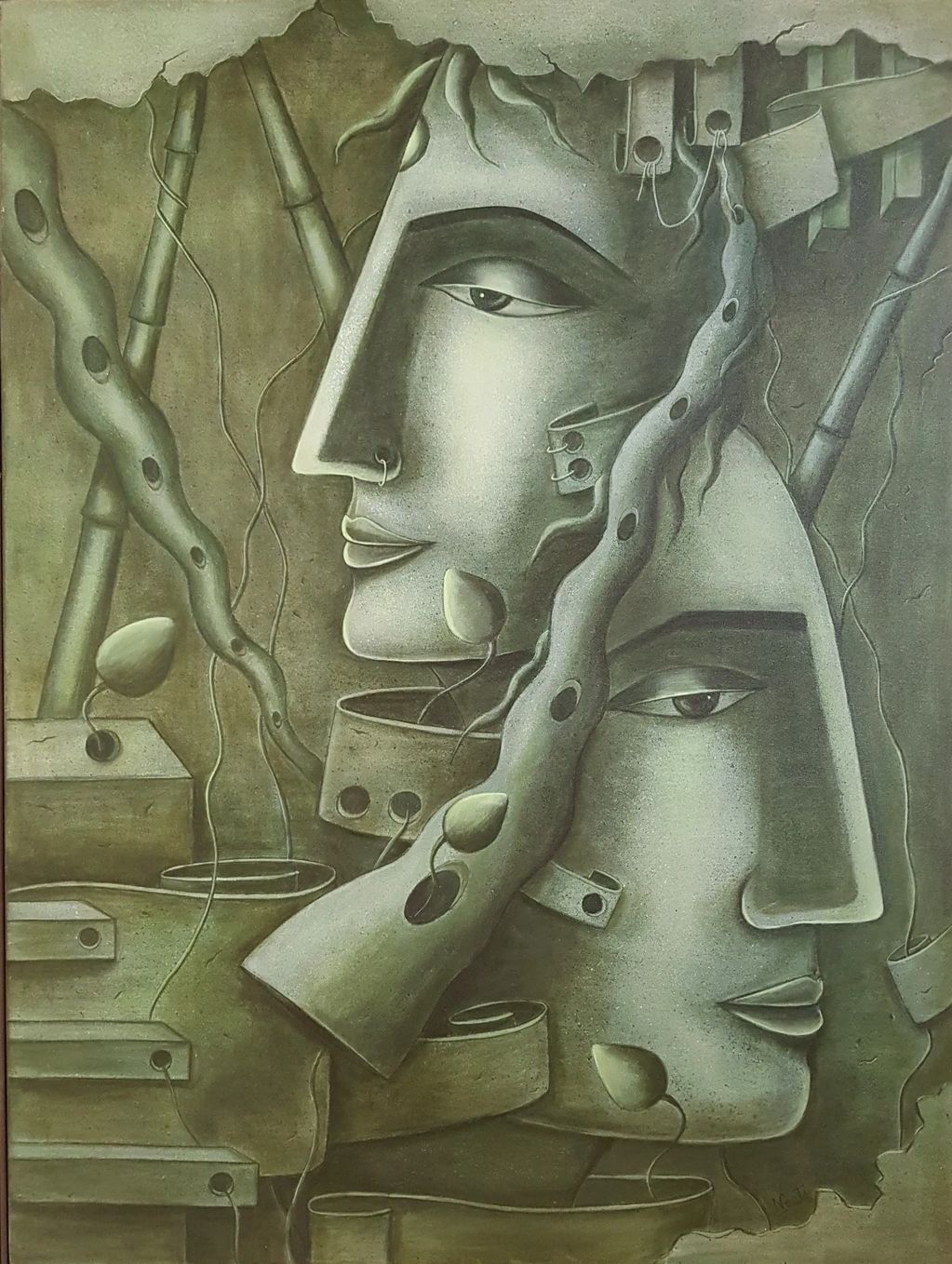 Surrealistic painting of two intertwined faces with plant-like elements and abstract shapes.