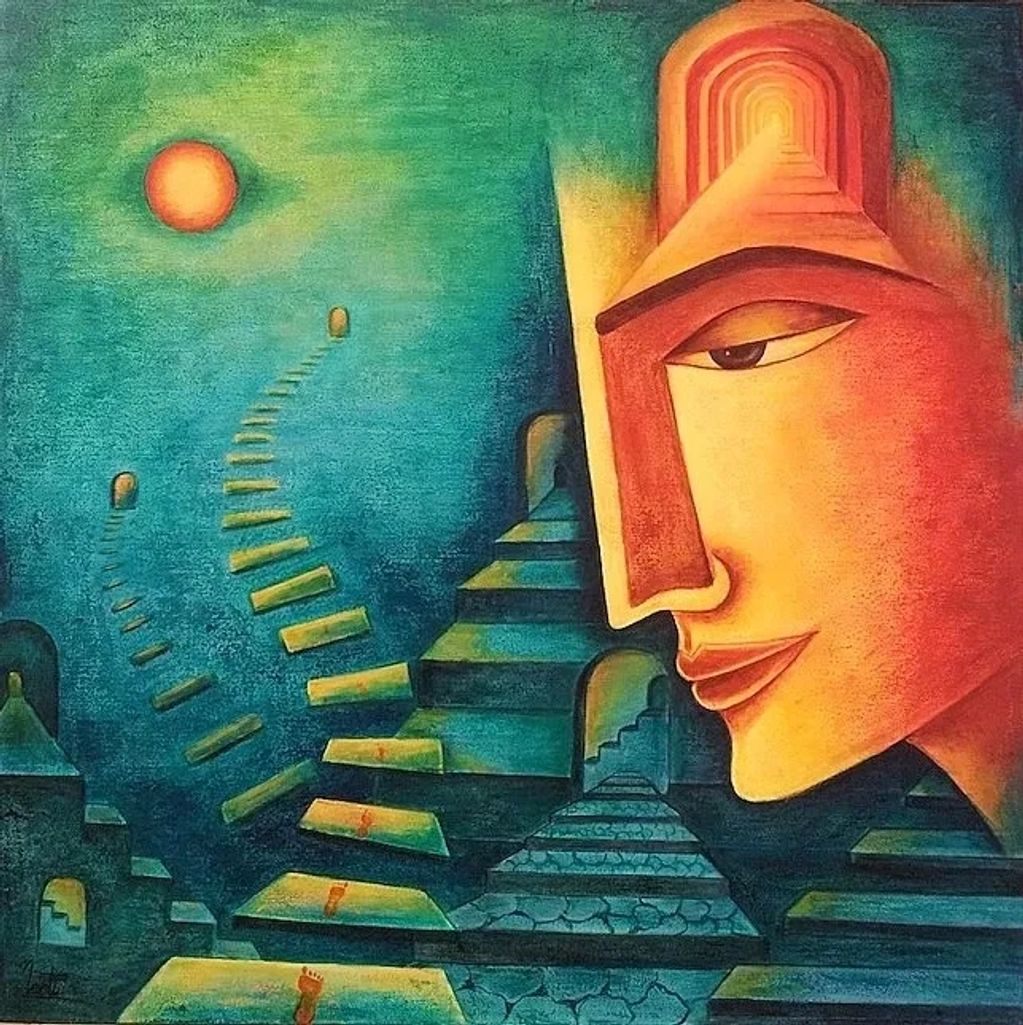 Surreal painting of a face with stairways and a glowing sun in a dreamlike landscape.