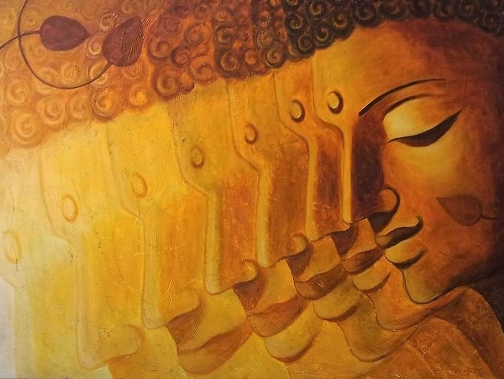 A serene artistic depiction of multiple overlapping Buddha faces in warm tones.