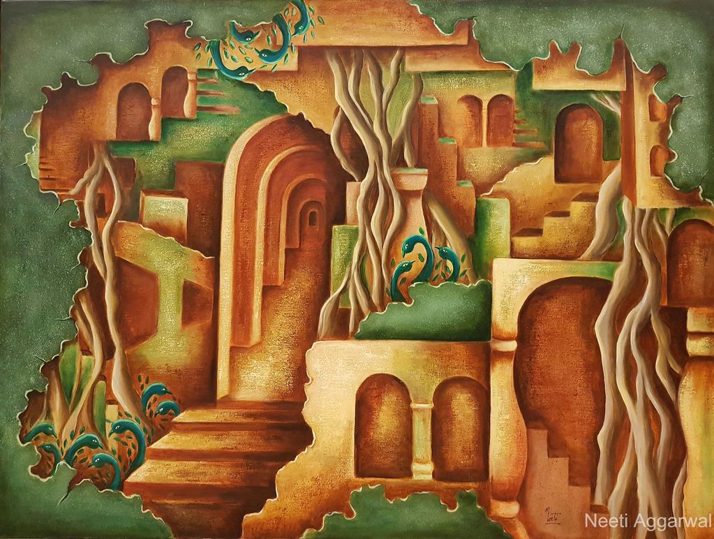 Surreal painting of ancient arches and twisted roots blending with earthy tones.